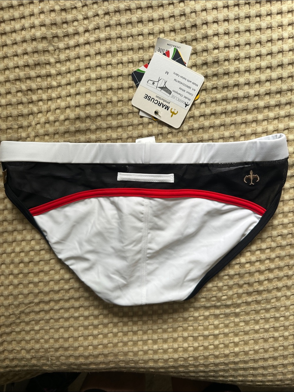 Men's White Swim Briefs with Red & Black Trim - Picture 3 of 4